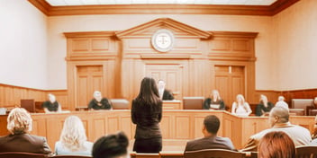 woman standing up in courtroom