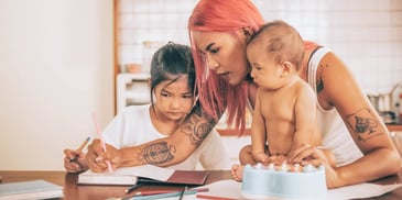 Mom helping her kids with her homework