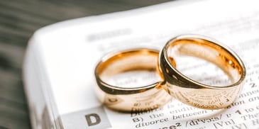 two wedding bands sitting atop divorce papers