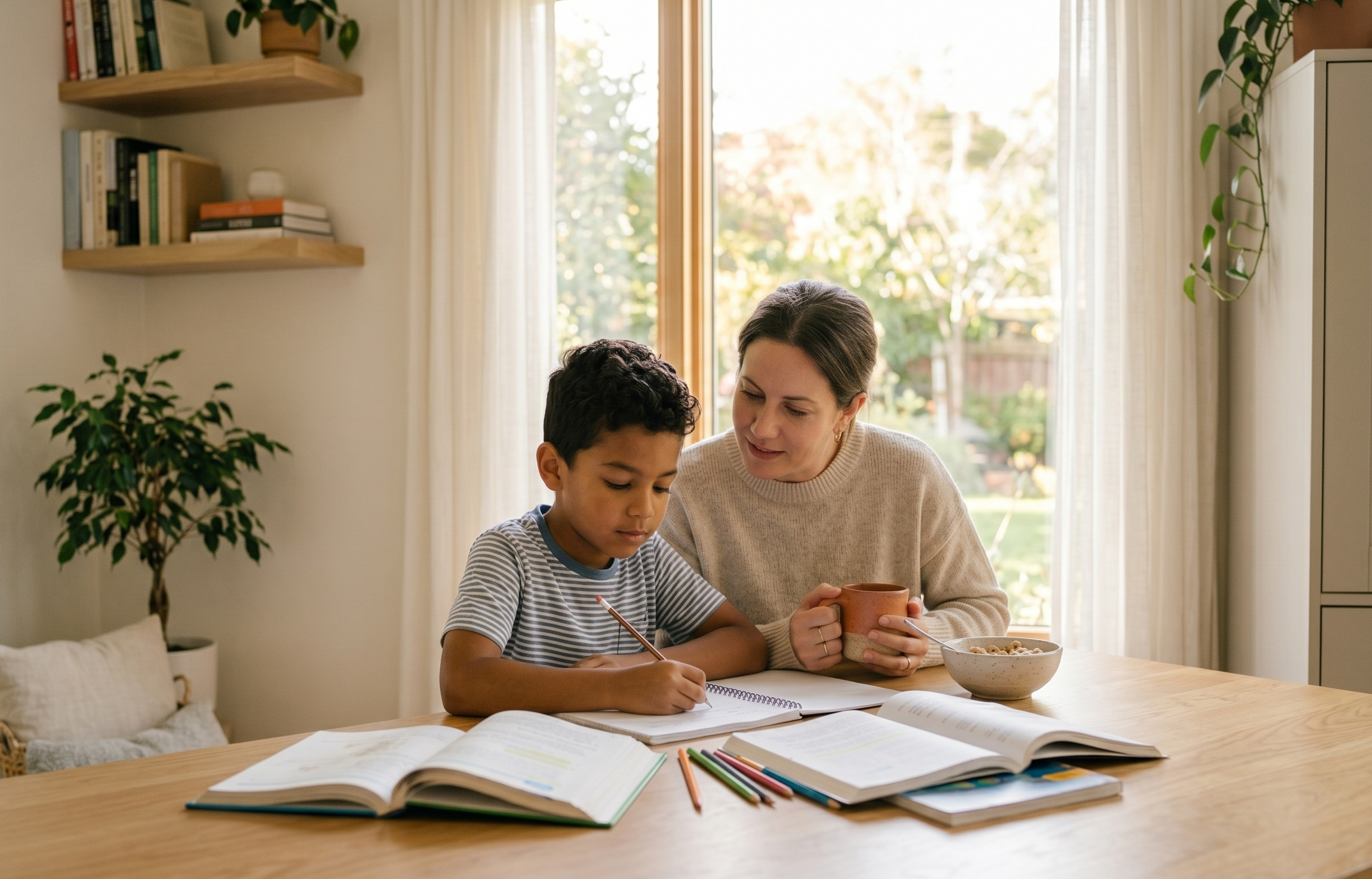A parent and child sharing a calm, everyday moment together
